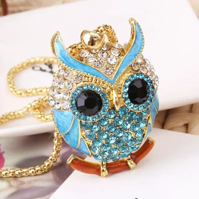 Women Sweater Chain Necklace Owl Design Rhinestones Crystal Pendant