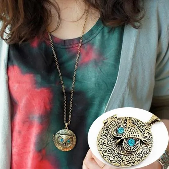 Women Sweater Chain Necklace Owl Design Rhinestones Crystal Pendant