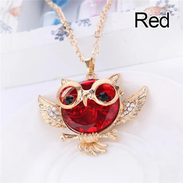 Women Sweater Chain Necklace Owl Design Rhinestones Crystal Pendant