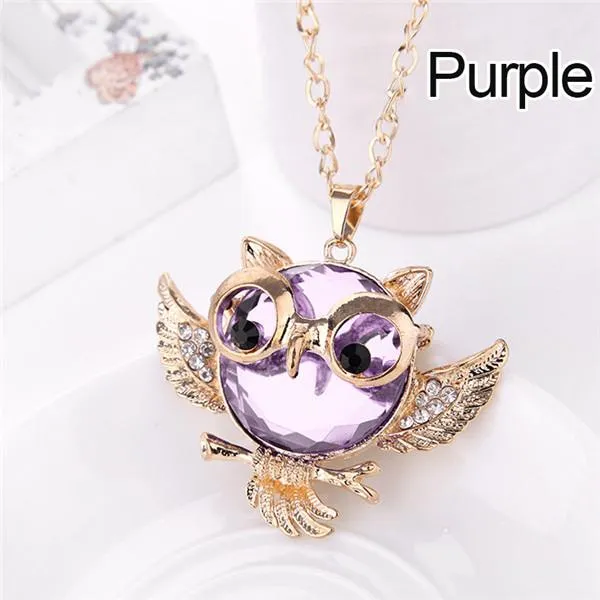 Women Sweater Chain Necklace Owl Design Rhinestones Crystal Pendant