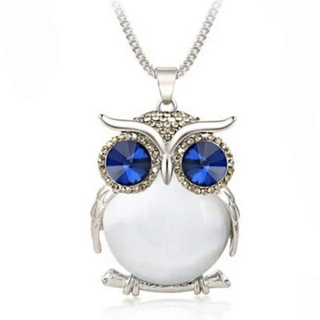 Women Sweater Chain Necklace Owl Design Rhinestones Crystal Pendant