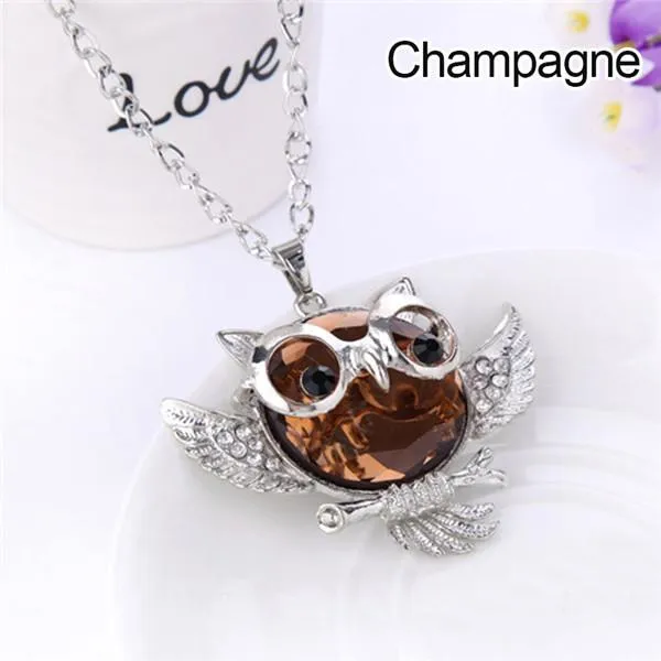 Women Sweater Chain Necklace Owl Design Rhinestones Crystal Pendant