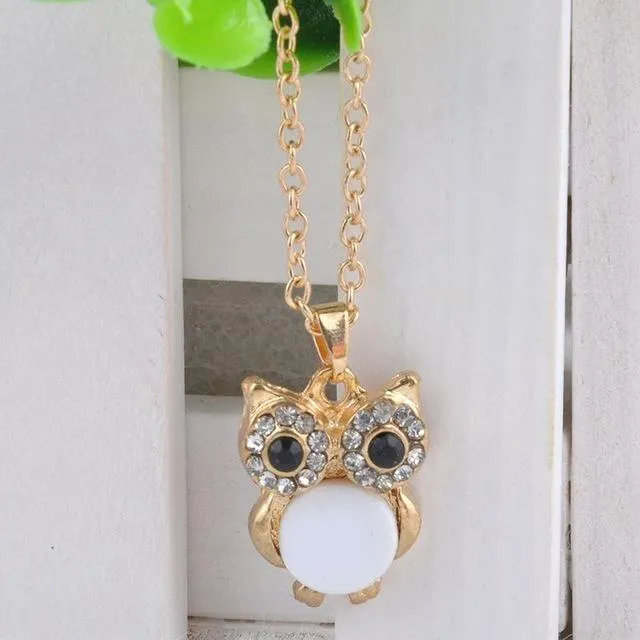 Women Sweater Chain Necklace Owl Design Rhinestones Crystal Pendant