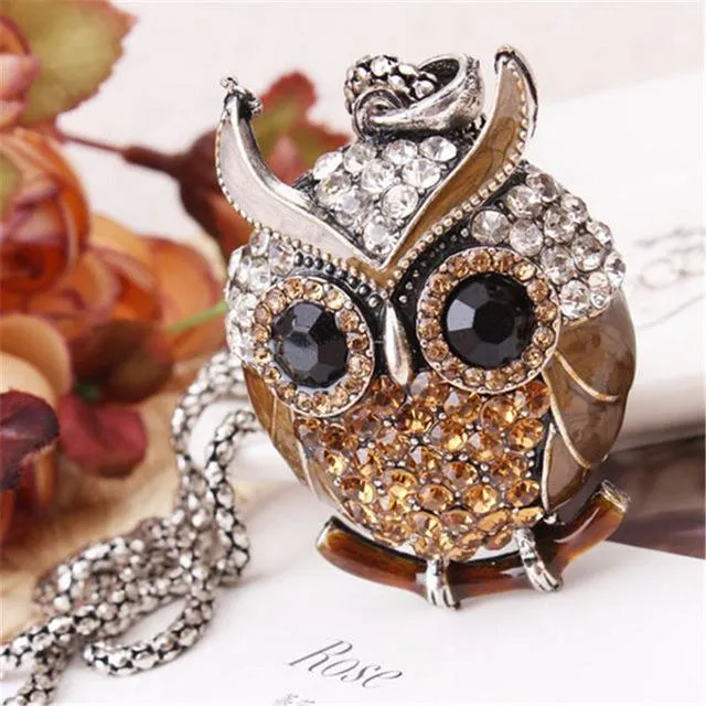 Women Sweater Chain Necklace Owl Design Rhinestones Crystal Pendant