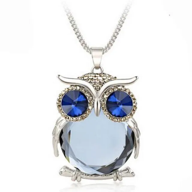 Women Sweater Chain Necklace Owl Design Rhinestones Crystal Pendant