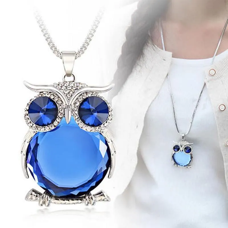 Women Sweater Chain Necklace Owl Design Rhinestones Crystal Pendant