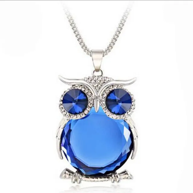 Women Sweater Chain Necklace Owl Design Rhinestones Crystal Pendant