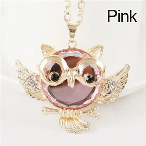 Women Sweater Chain Necklace Owl Design Rhinestones Crystal Pendant