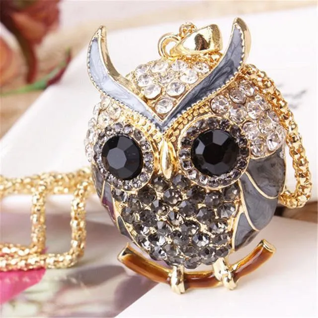 Women Sweater Chain Necklace Owl Design Rhinestones Crystal Pendant