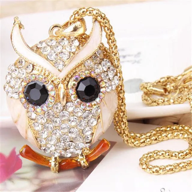 Women Sweater Chain Necklace Owl Design Rhinestones Crystal Pendant