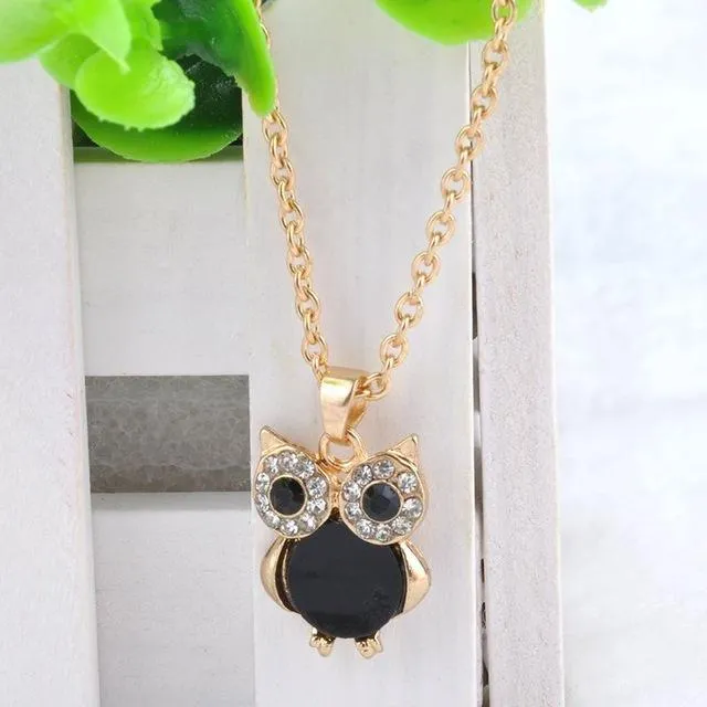 Women Sweater Chain Necklace Owl Design Rhinestones Crystal Pendant